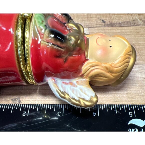 Ceramic Angel Figurine Red & Gold Hand-Painted Trinket Box Hinged - Picture 3 of 4